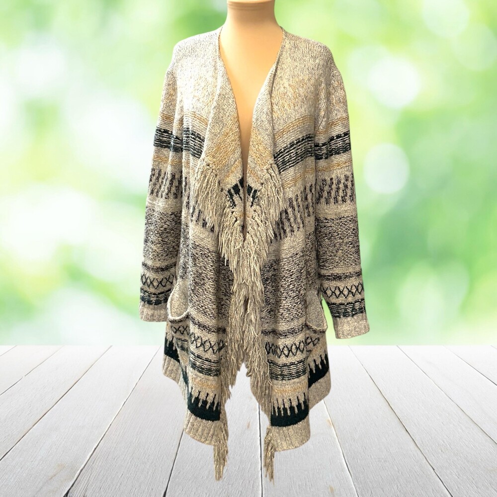 CABI Boho Fringe Long Cardigan Sweater Southwestern Western Cowgirl Aztec Size S